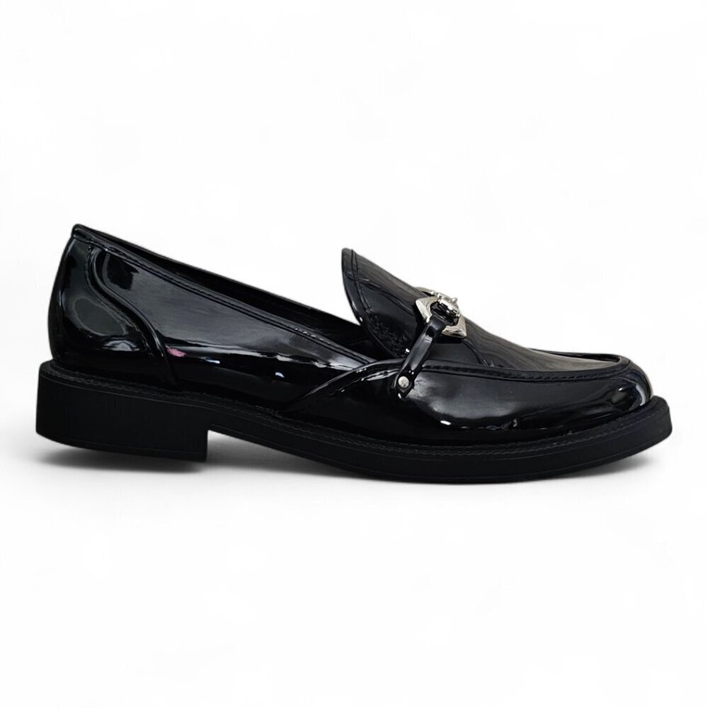 Vince Camuto Elpia Loafer Black Patent Leather Buckle Slip On Shoe